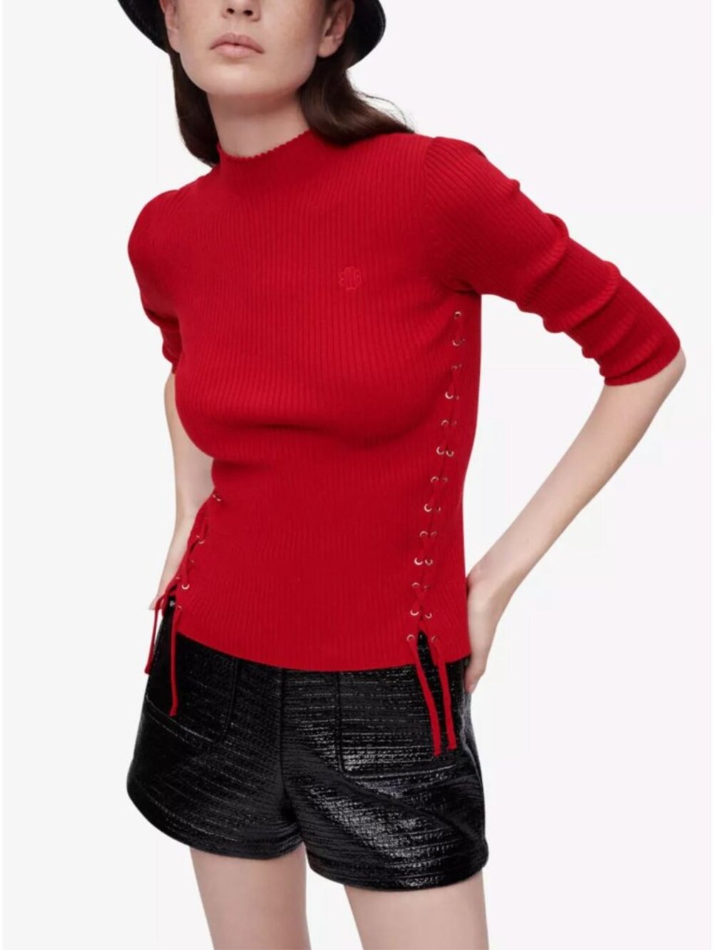 Maje Manuello Lace-up Mock-neck Stretch-knit Sweater In Red Small